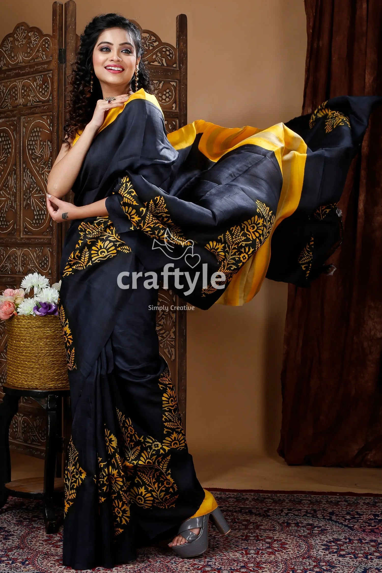 Jet black hand block mulberryi pure silk saree woman black yellow saree 4