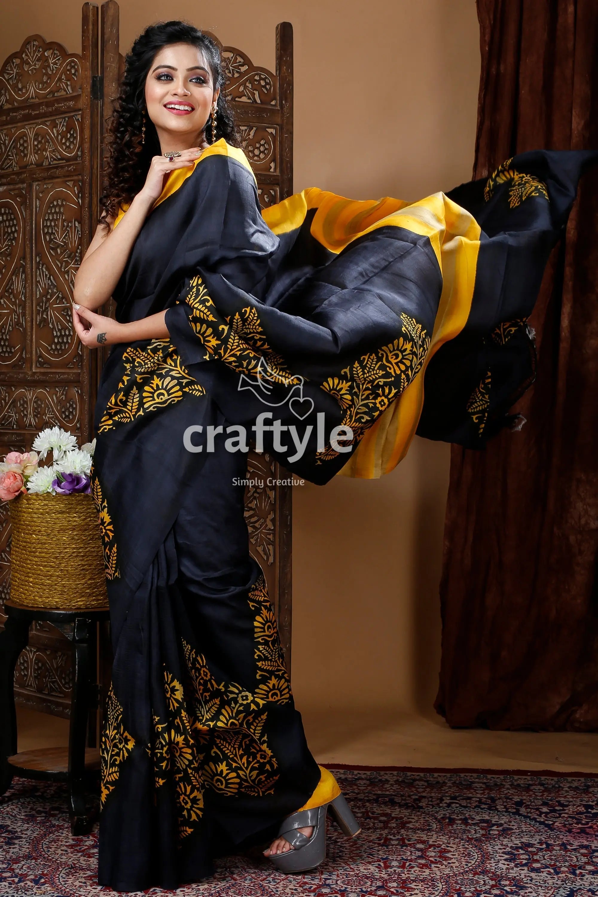 Jet black hand block mulberryi pure silk saree woman black yellow saree 4