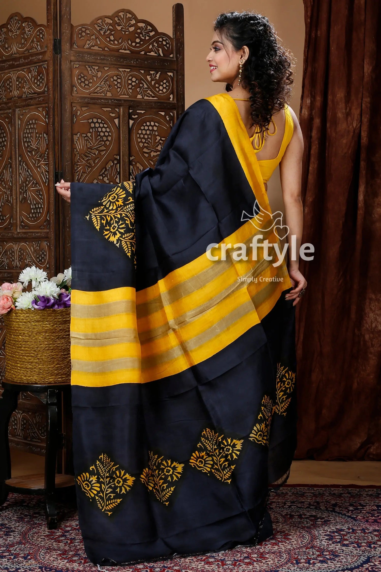 Jet black hand block mulberryi pure silk saree black yellow patterned saree 5