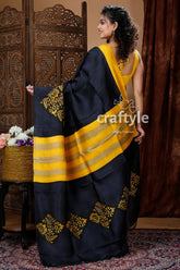 Jet black hand block mulberryi pure silk saree black yellow patterned saree 5