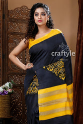 Jet black hand block mulberryi pure silk saree black yellow saree 3
