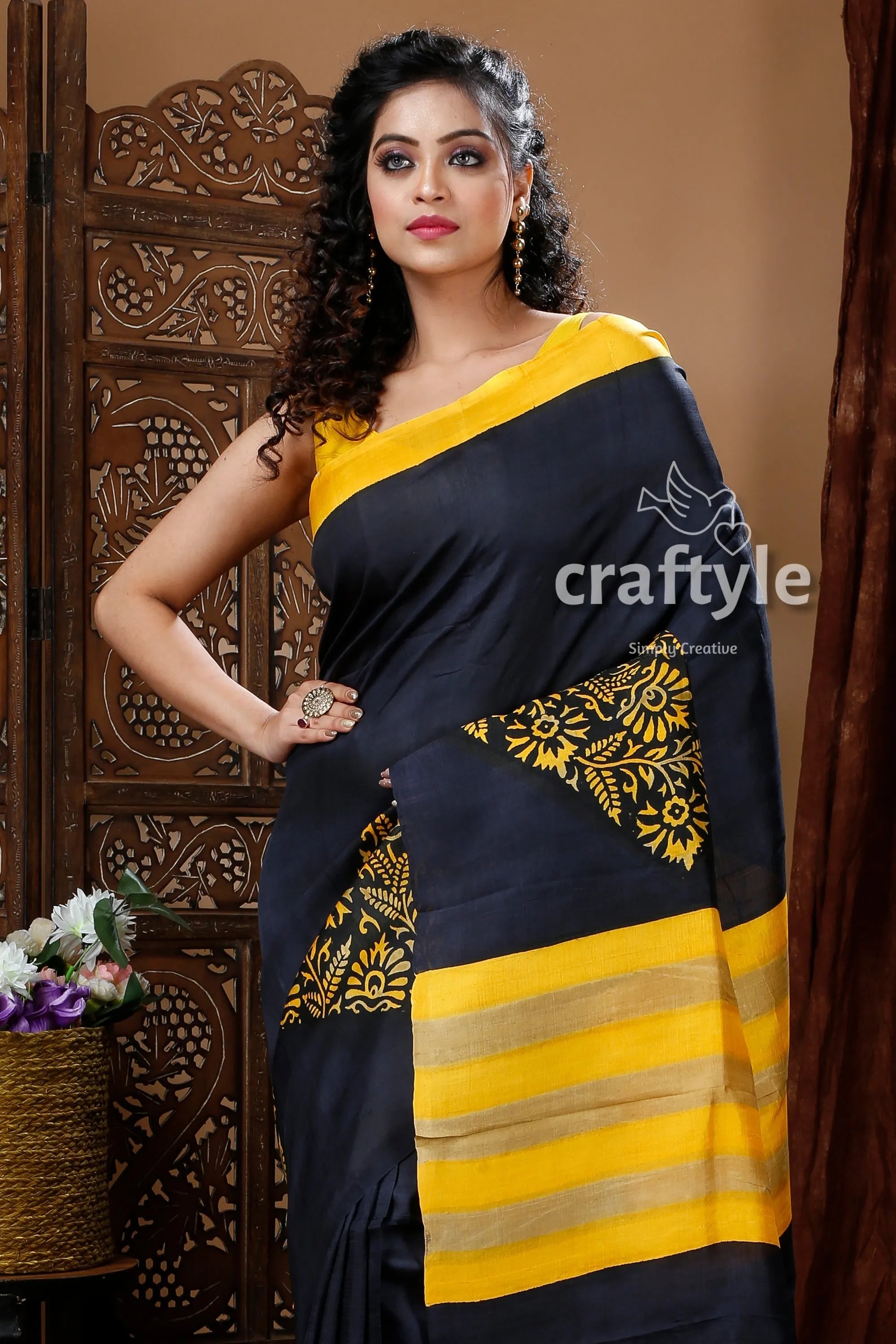 Jet black hand block mulberryi pure silk saree black yellow saree 3