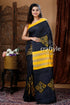 Jet black hand block mulberryi pure silk saree black yellow saree 1