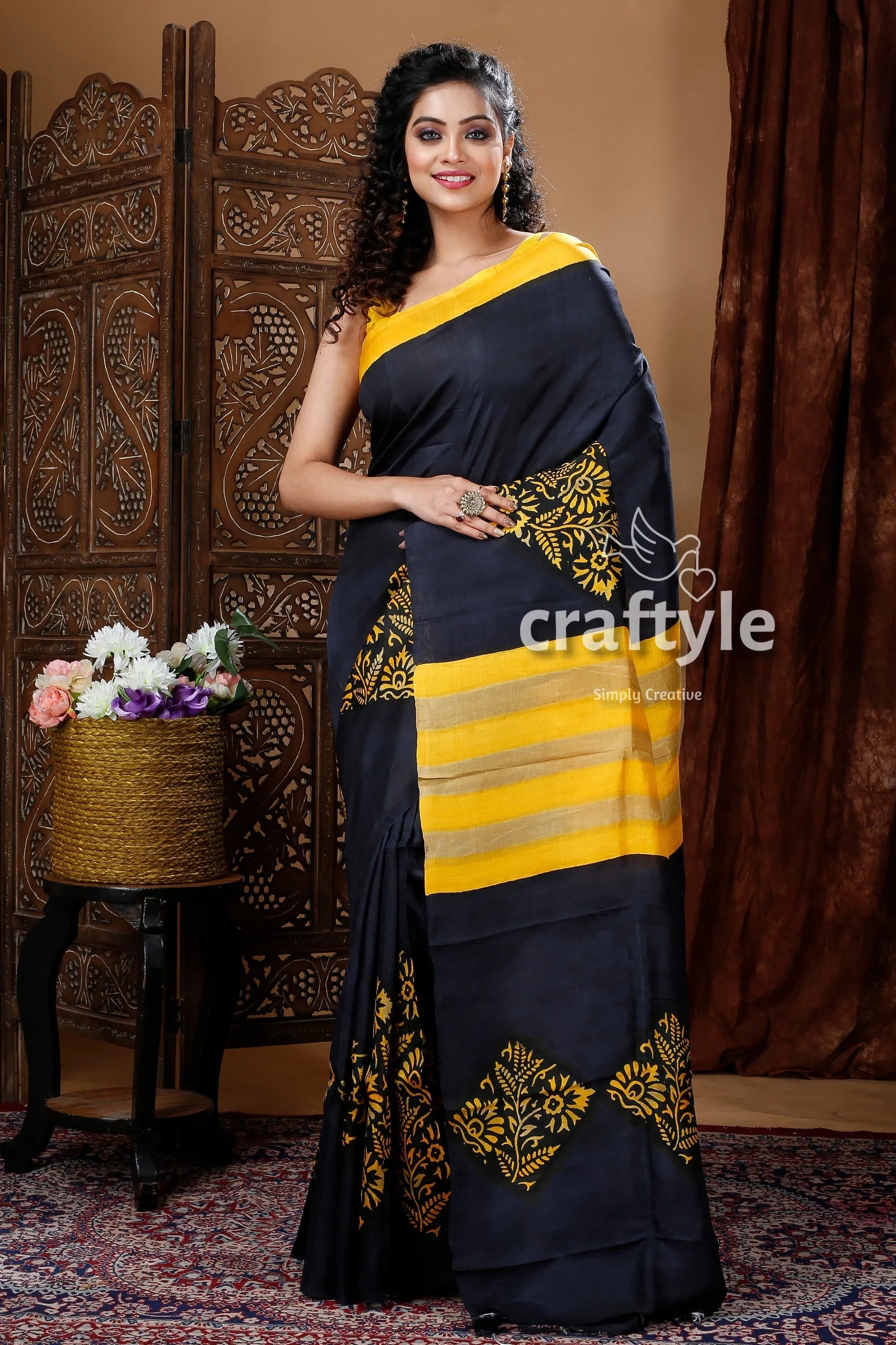 Jet black hand block mulberryi pure silk saree black yellow saree 1