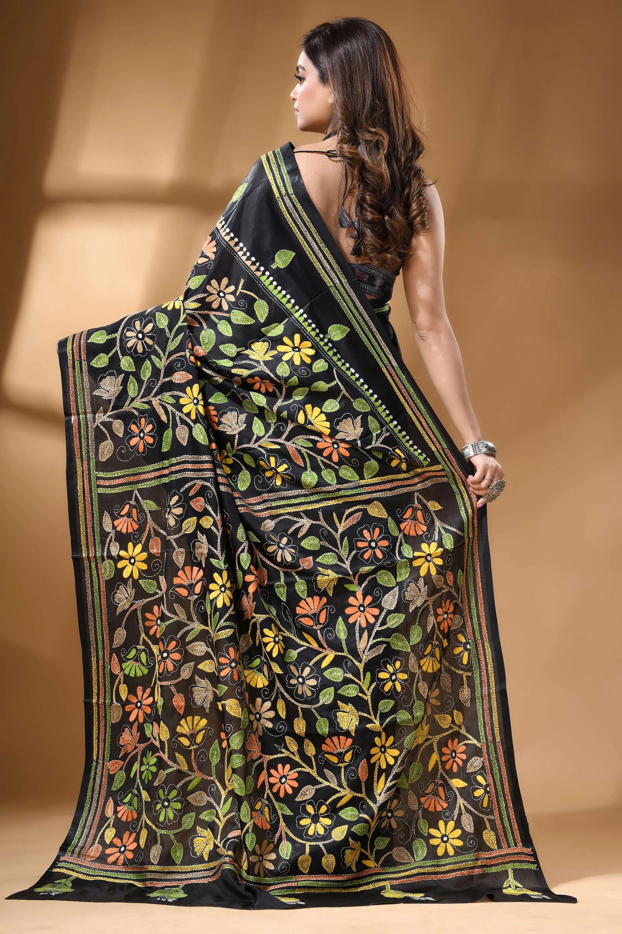 Jet black multicolor floral hand kantha embroidery silk saree black silk saree intricate floral 4