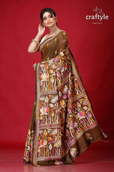 Judge grey lotus motif exquisite silk kantha stitch saree brown saree floral embroidery 3