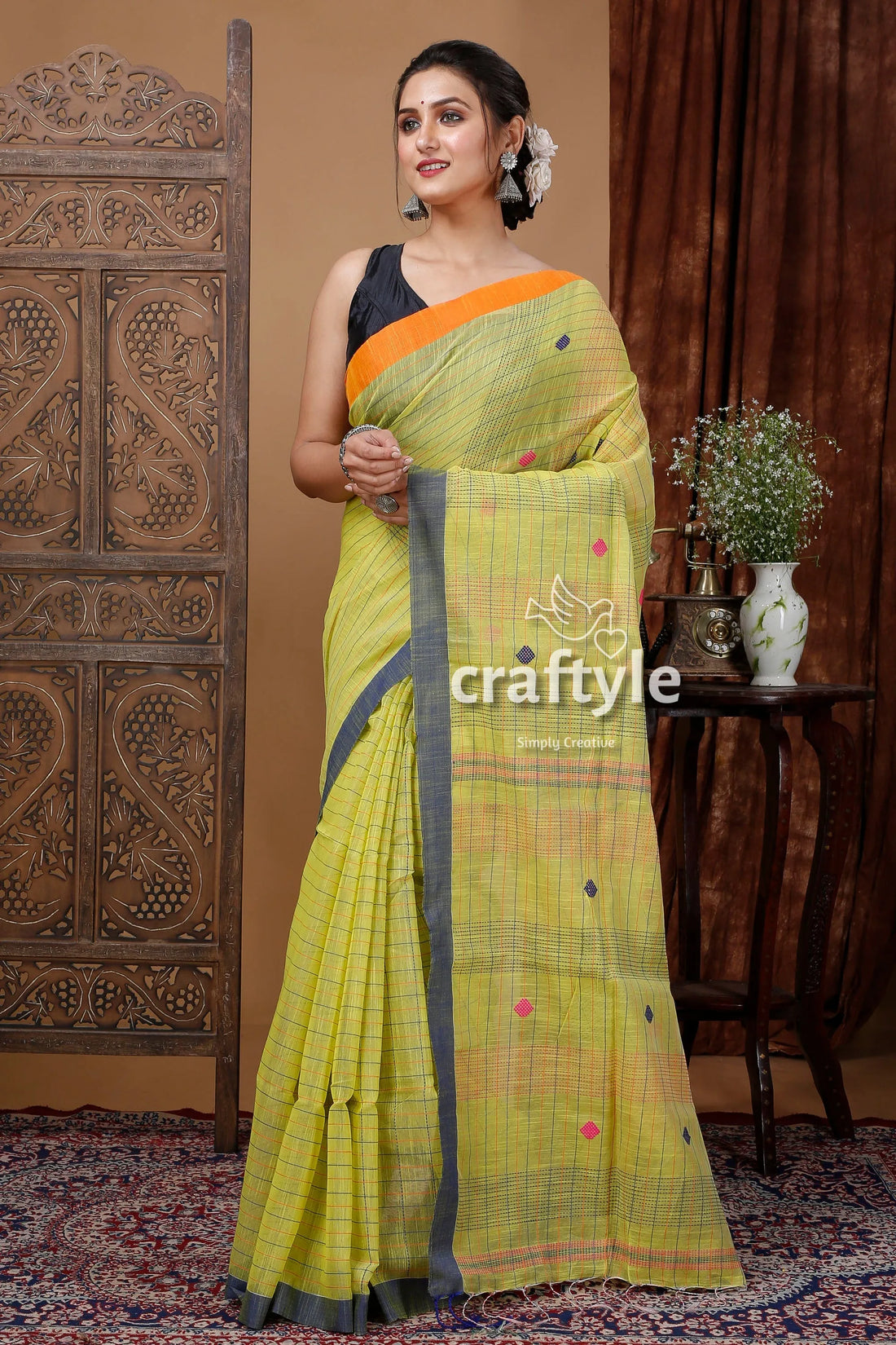 June bud yellow handloom cotton saree with stitched detail checked orange gray 1