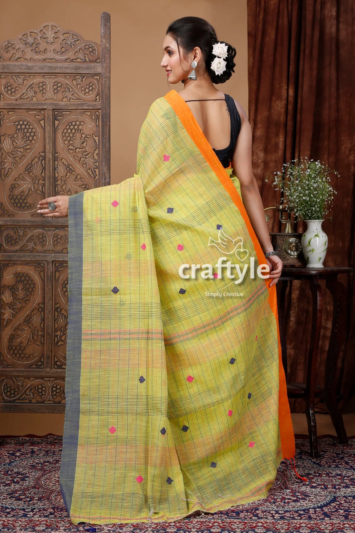 June bud yellow handloom cotton saree with stitched detail yellow orange saree woven pattern 5