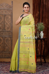 June bud yellow handloom cotton saree with stitched detail yellow checkered saree gray border 3