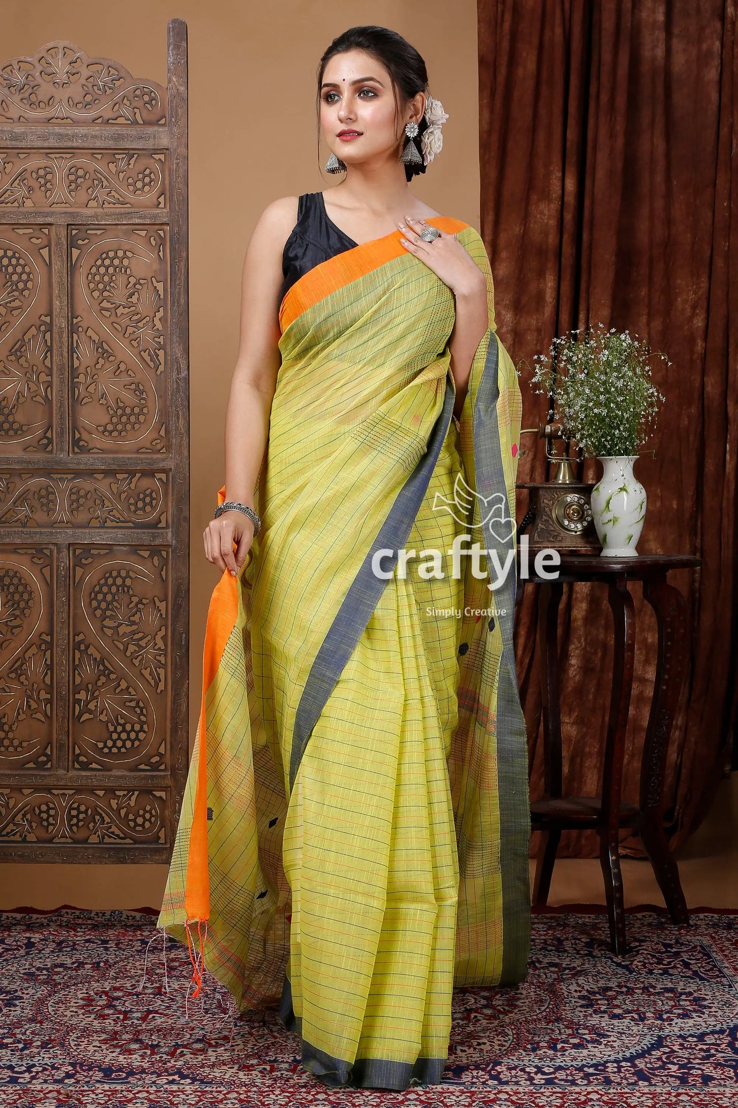June bud yellow handloom cotton saree with stitched detail woman yellow gray saree 4