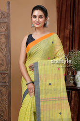 June bud yellow handloom cotton saree with stitched detail woman yellow checkered saree 2
