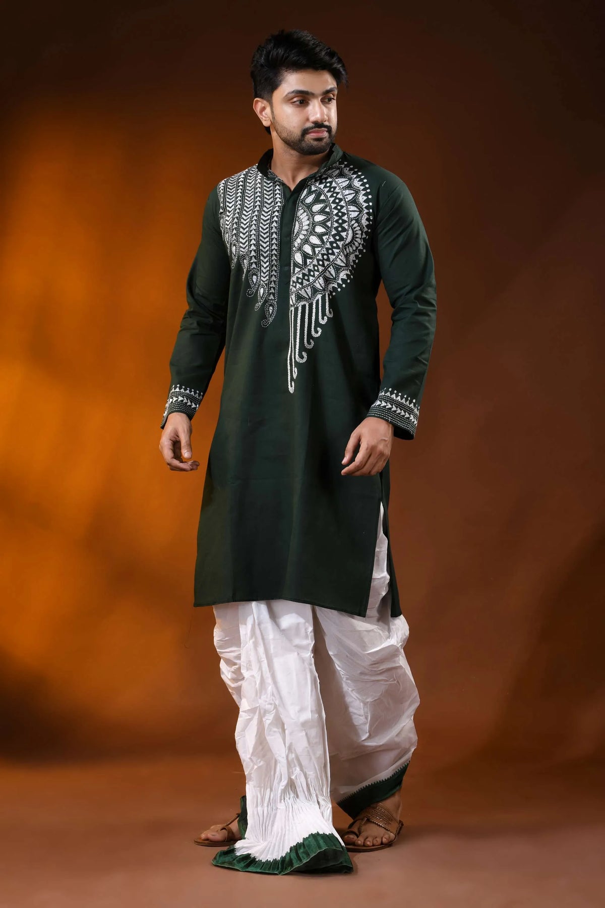 Jungle green cotton kantha punjabi for men white mandala embroidery 3