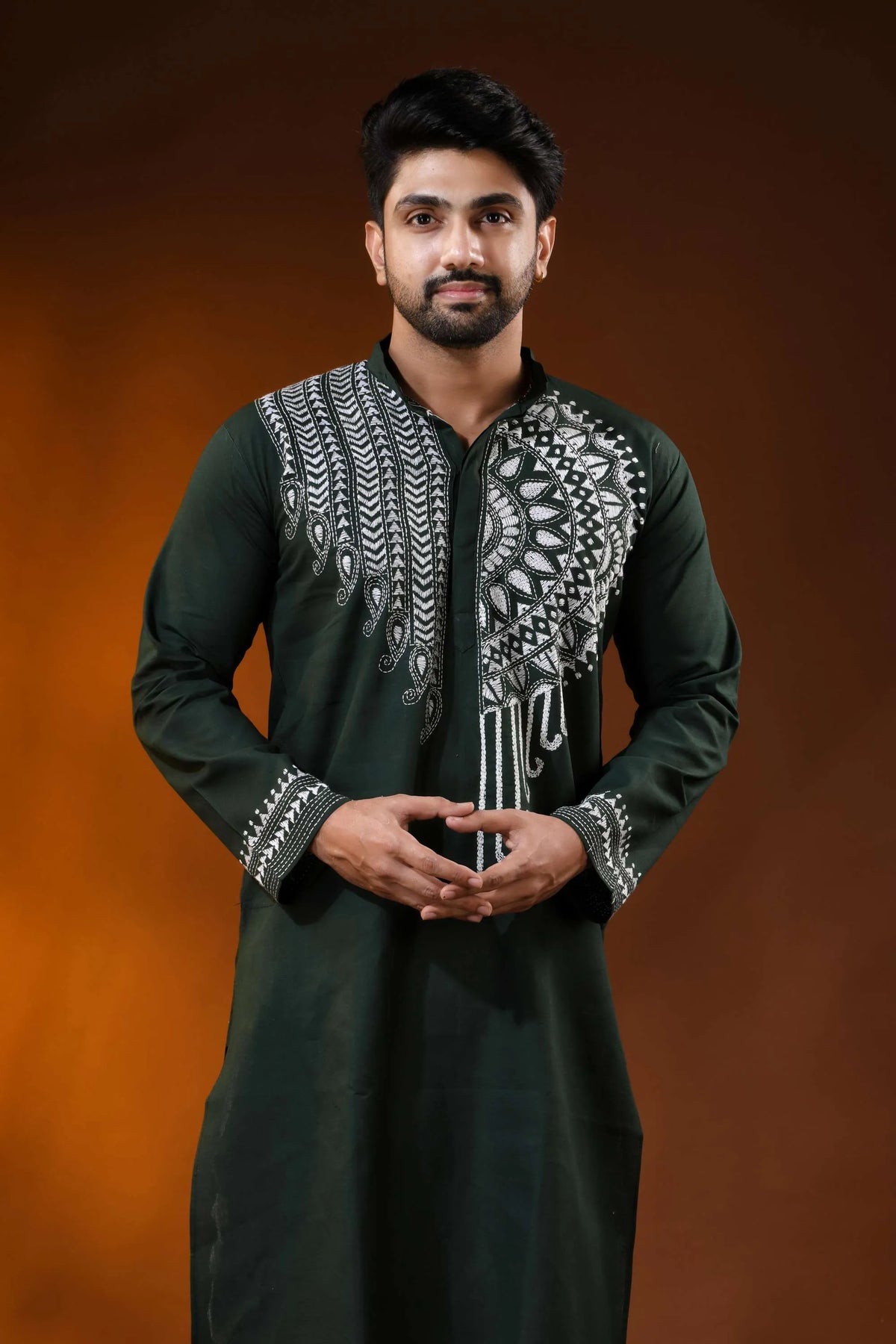 Jungle green cotton kantha punjabi for men white mandala embroidery 2