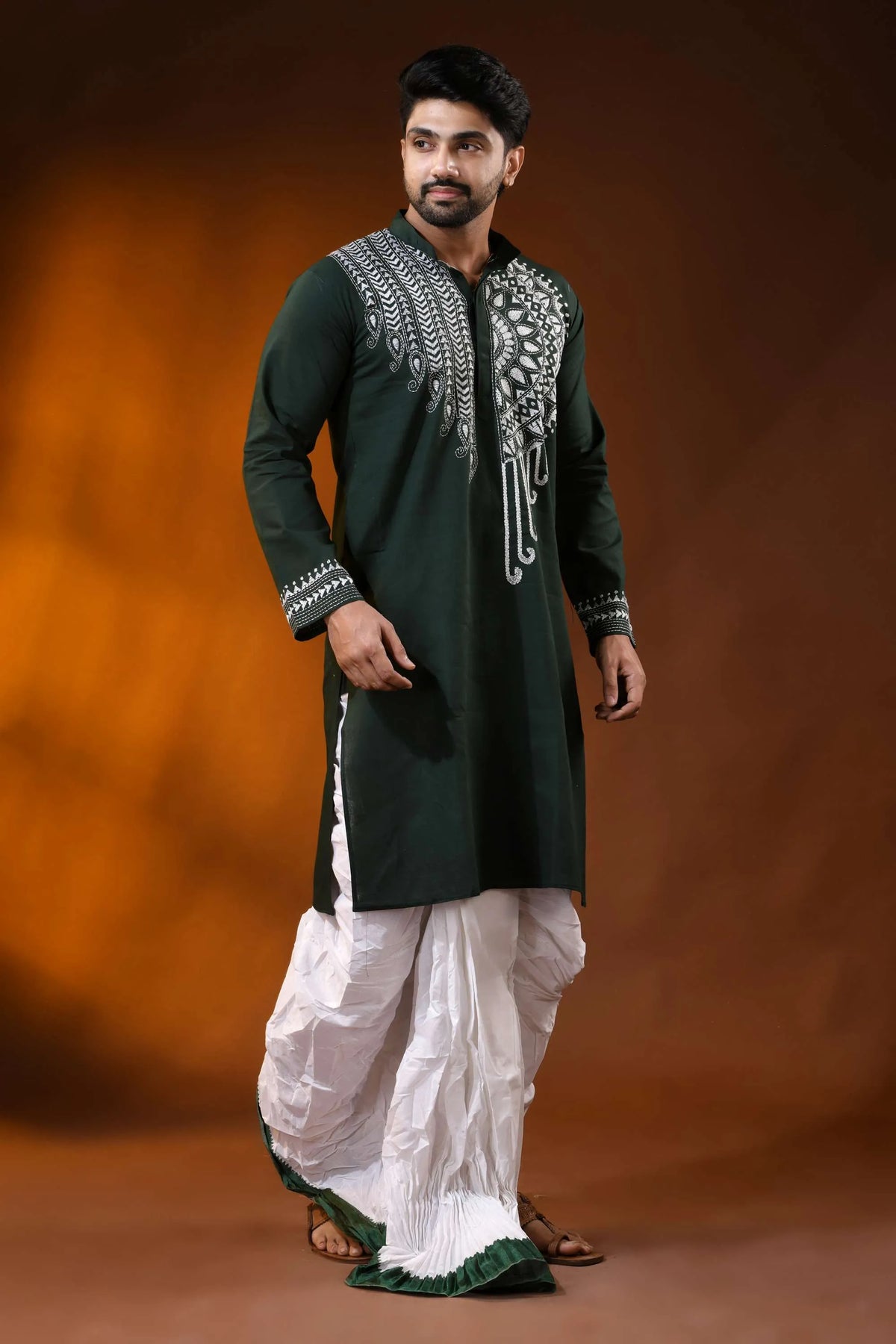 Jungle green cotton kantha punjabi for men white mandala embroidery 4
