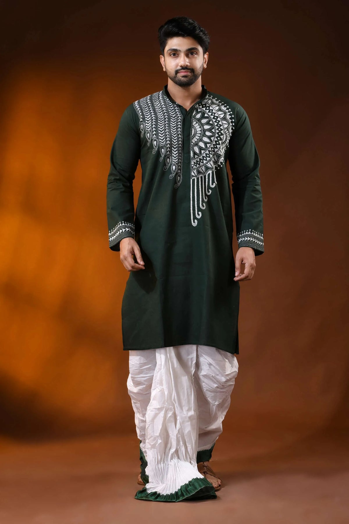 Jungle green cotton kantha punjabi for men white mandala embroidery 6