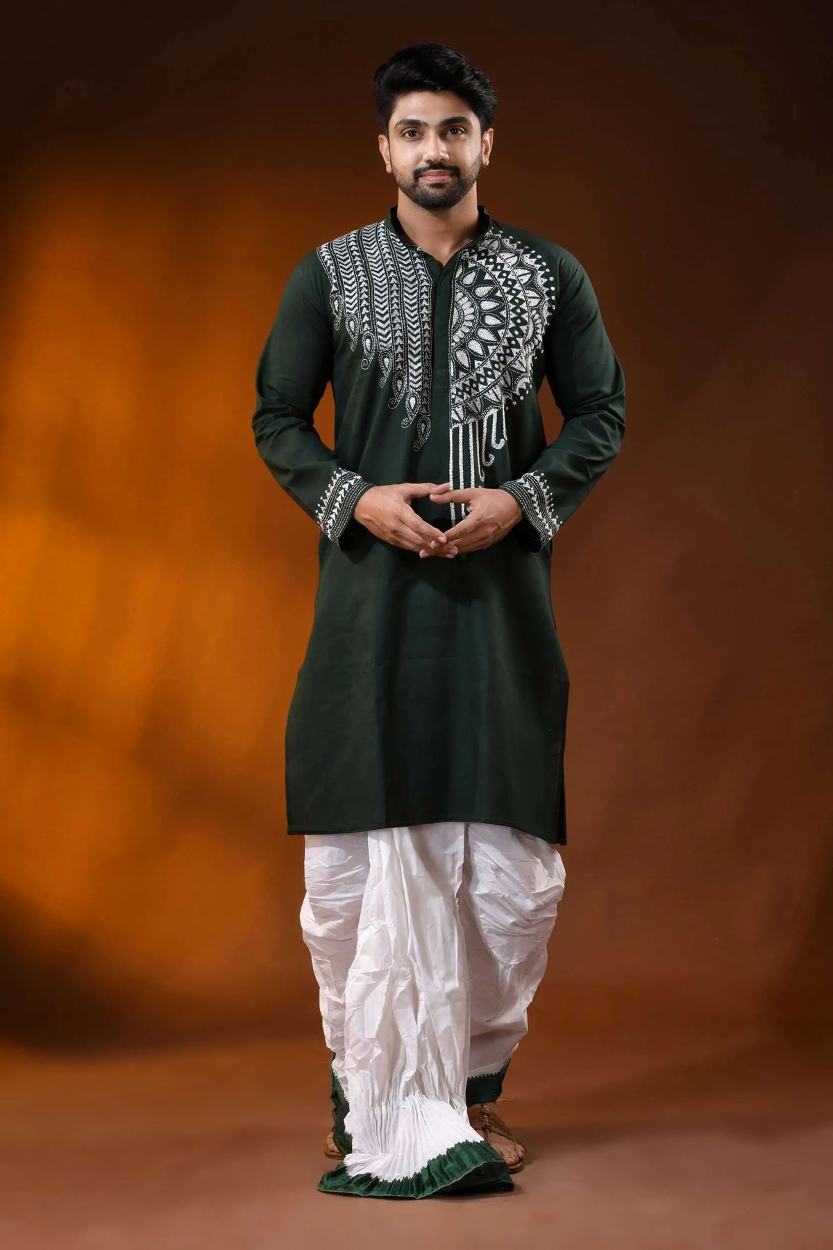 Jungle green cotton kantha punjabi for men white mandala embroidery 1