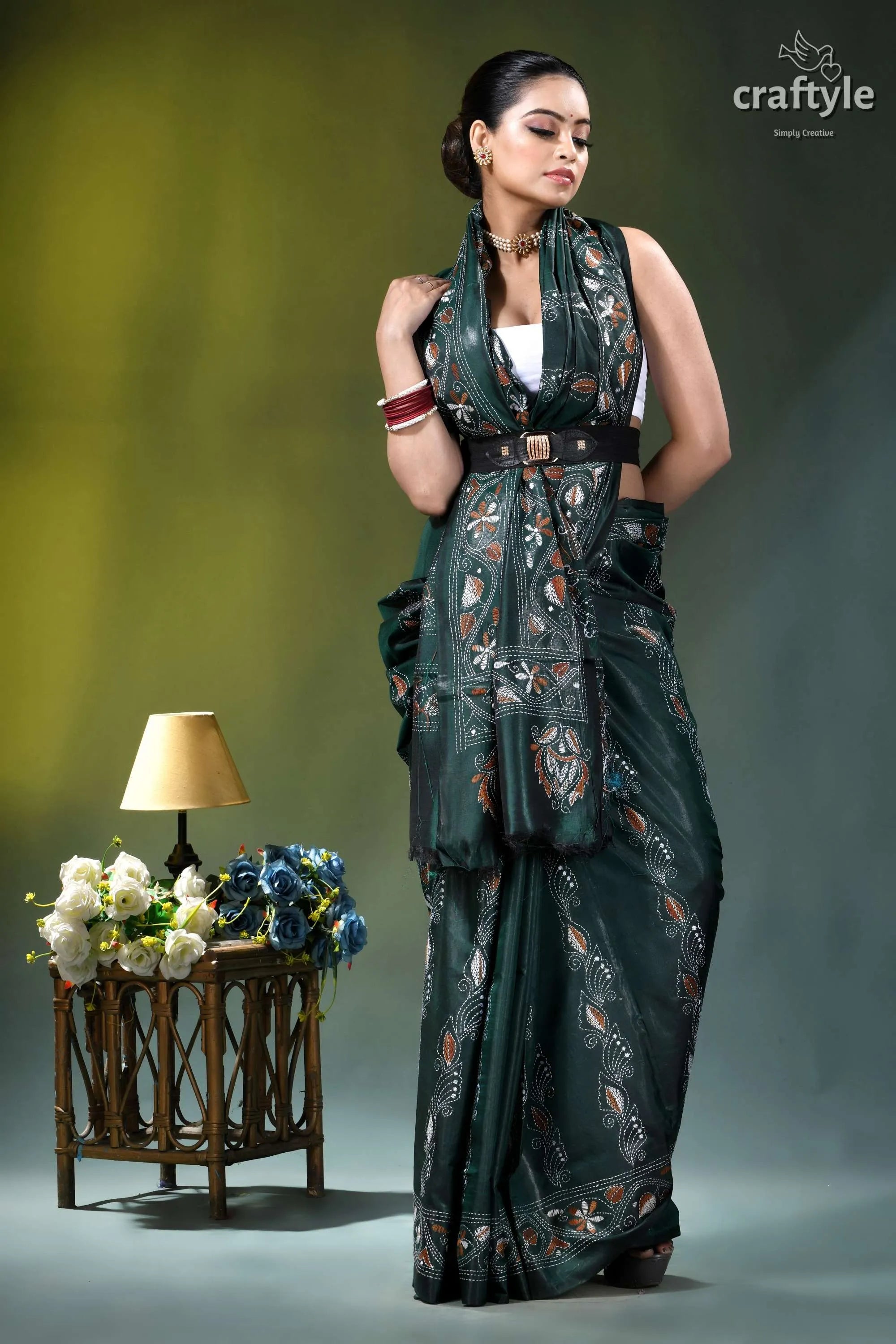 Jungle green elephant pattern silk kantha work saree emerald green saree intricate floral 4