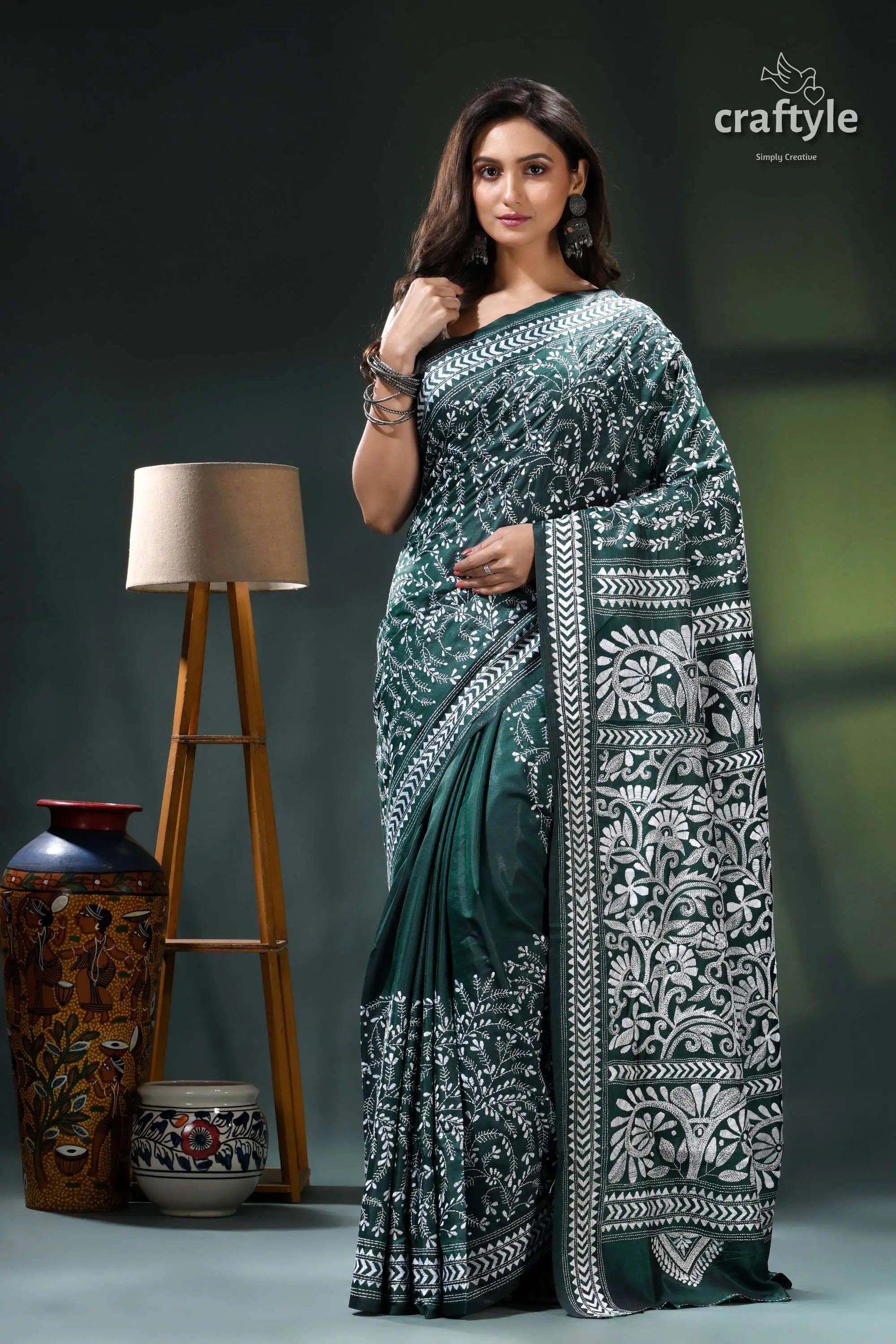 Jungle green flowery pattern authentic silk kantha stitch saree teal white saree intricate floral 1