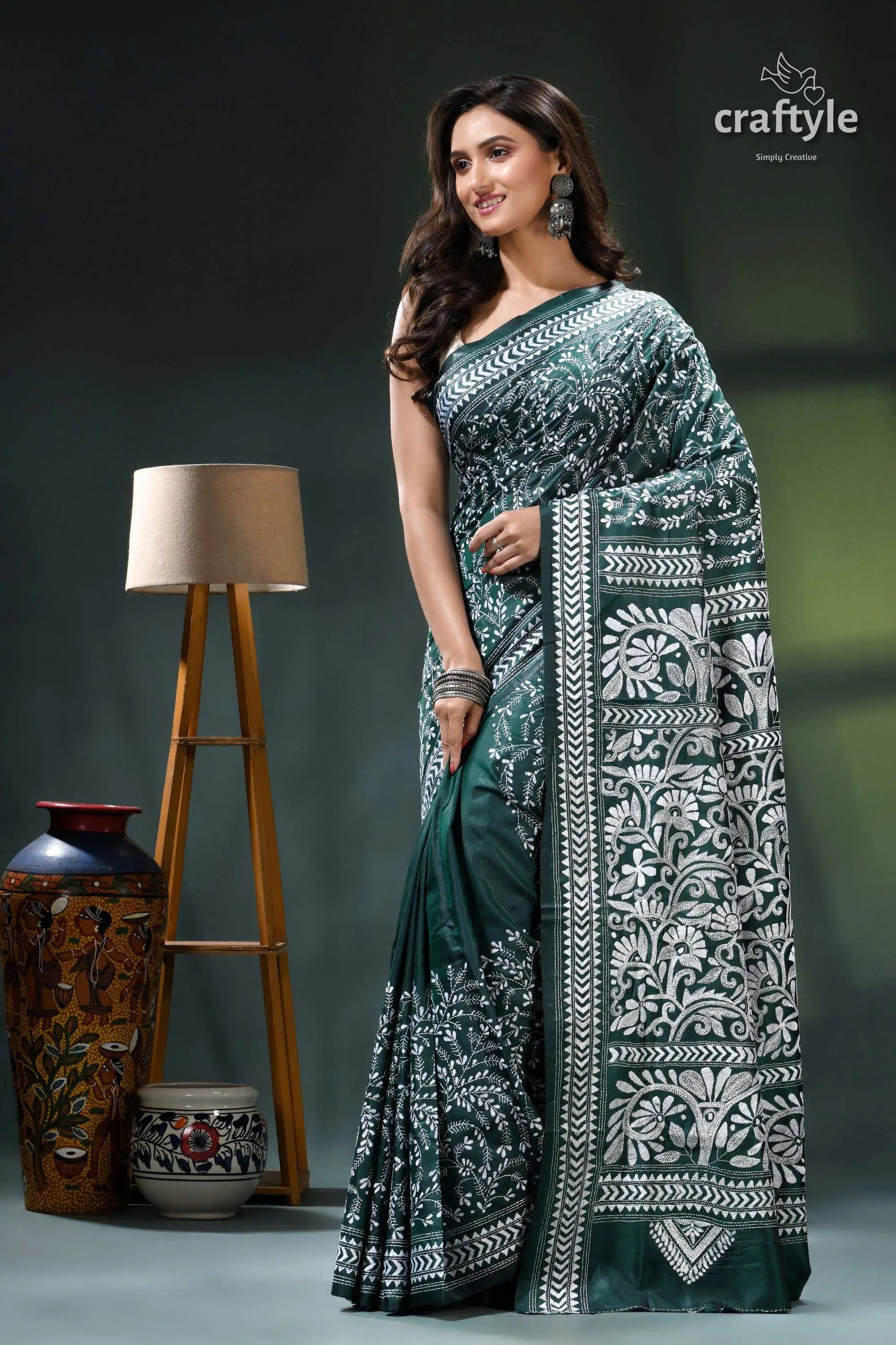 Jungle green flowery pattern authentic silk kantha stitch saree green white saree intricate floral 3