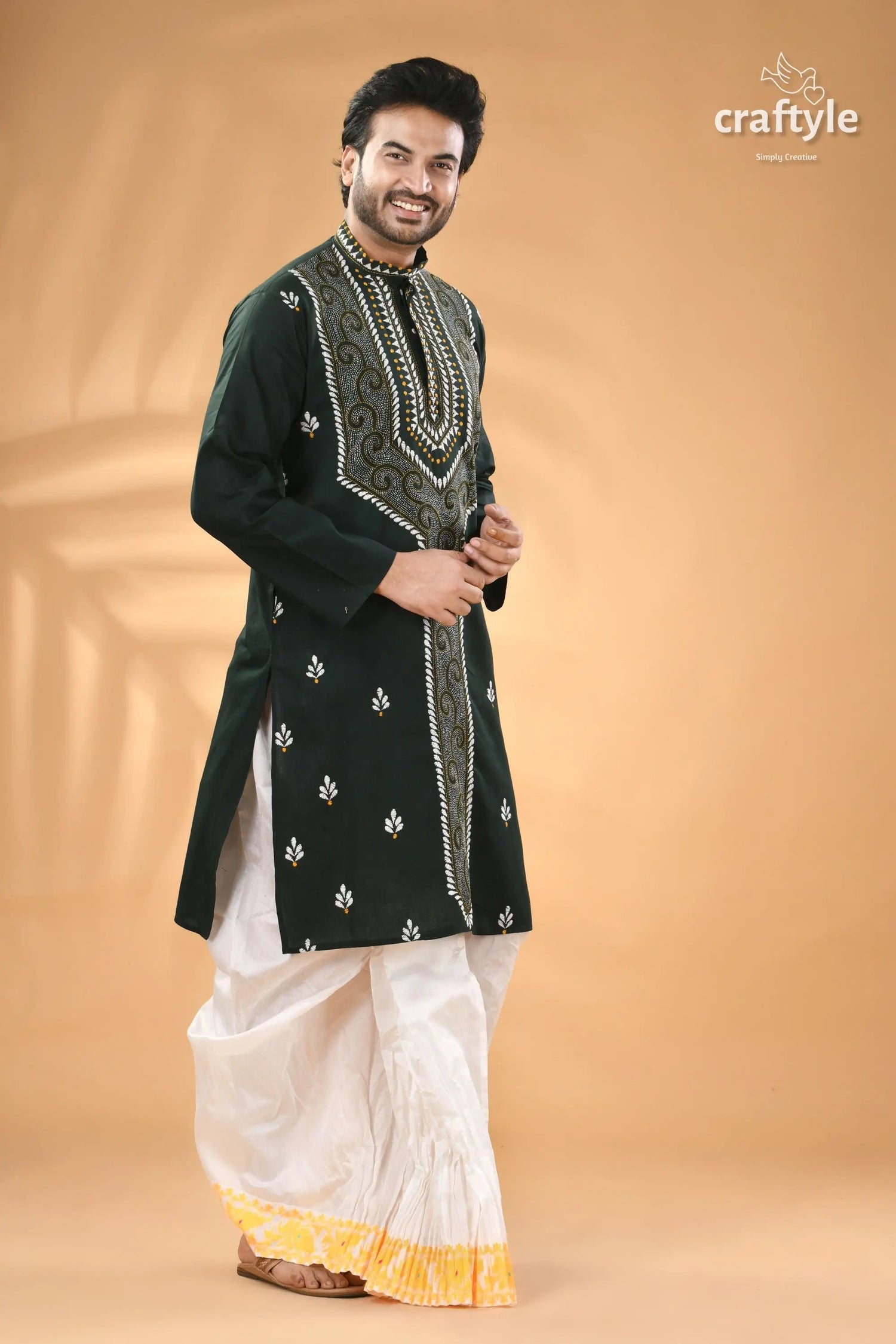 Jungle green hand embroidered cotton mens kurta men’s embroidered dark green kurta 4