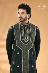 Jungle green hand embroidered cotton mens kurta men’s dark green kurta intricate 2