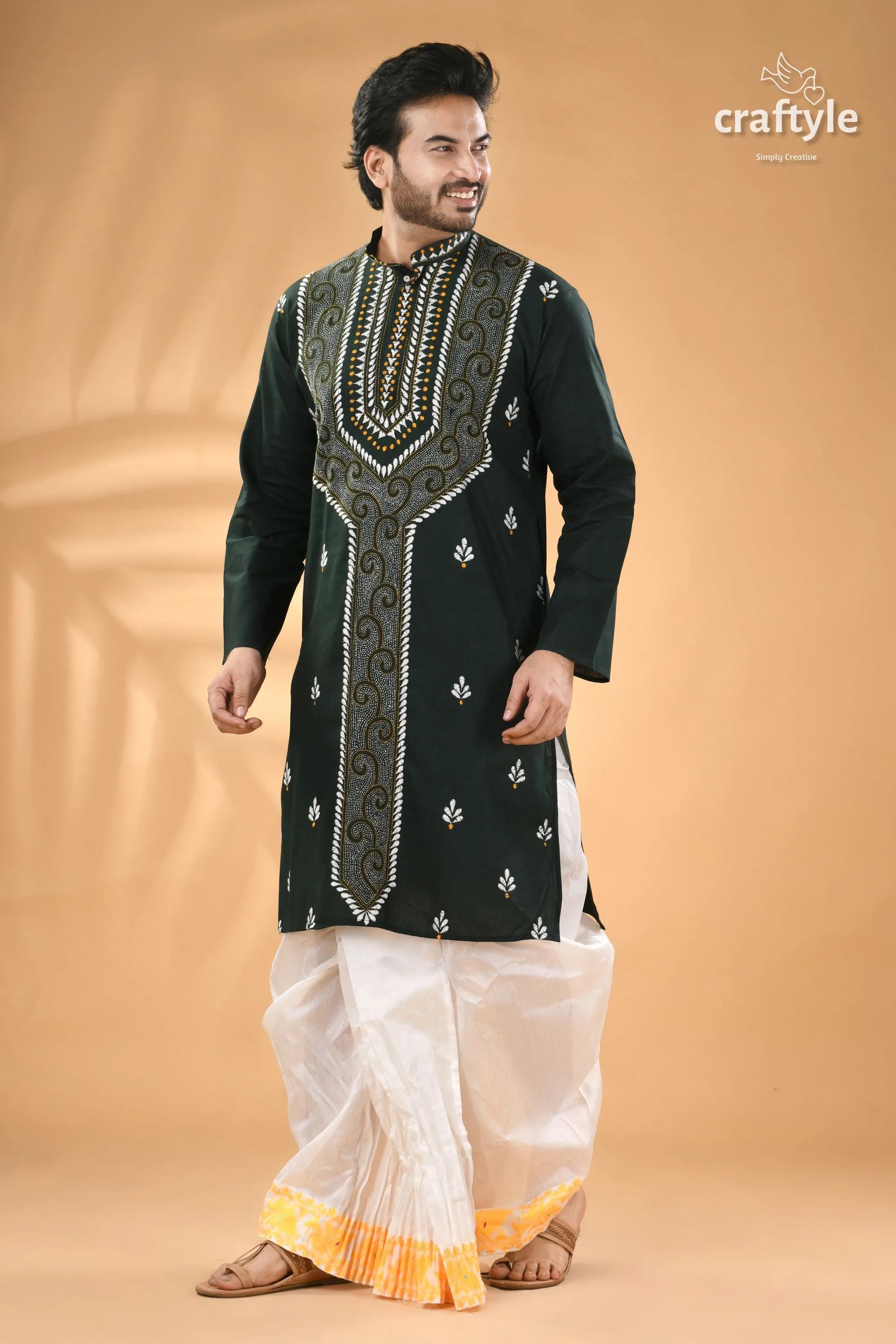 Jungle green hand embroidered cotton mens kurta men’s dark green embroidered kurta 5