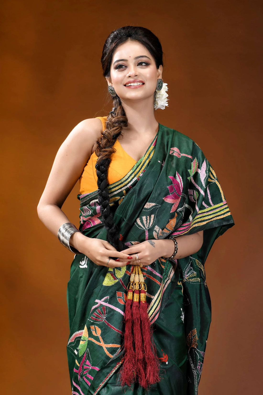 Jungle green lotus design handcrafted kantha embroidery silk saree woman wears dark green silk 2