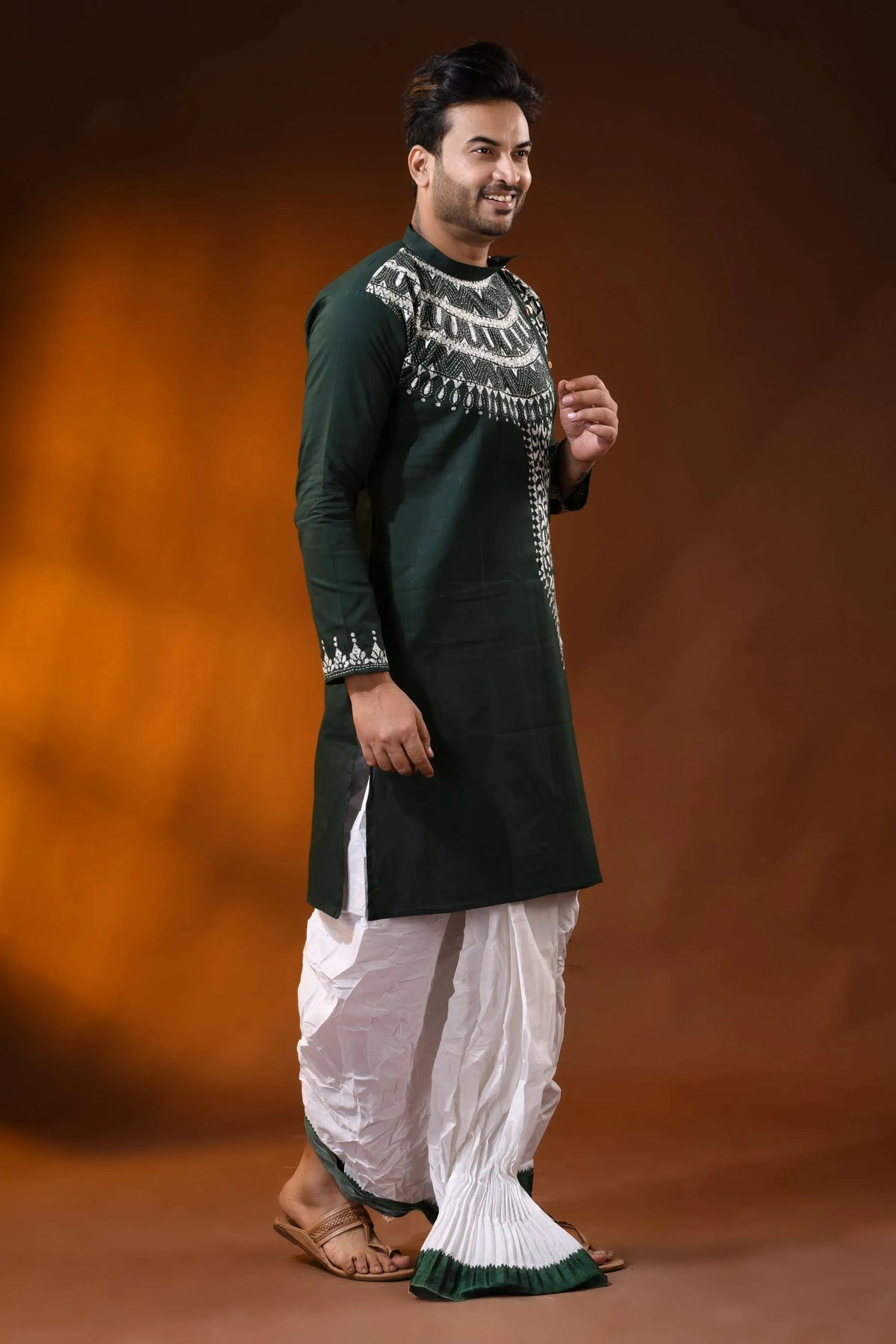 Jungle green pure cotton kantha work panjabi for men with geometric design 4