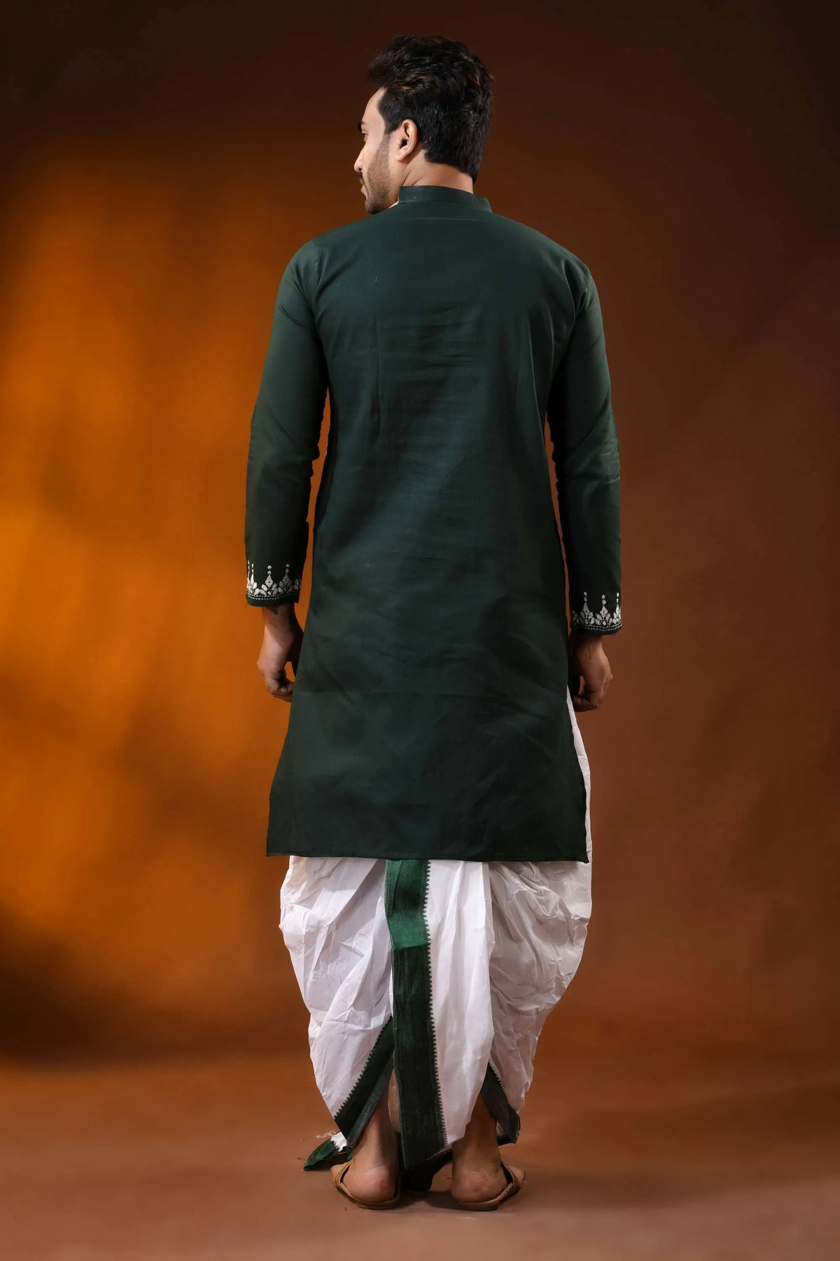 Jungle green pure cotton kantha work panjabi for men with geometric design 5