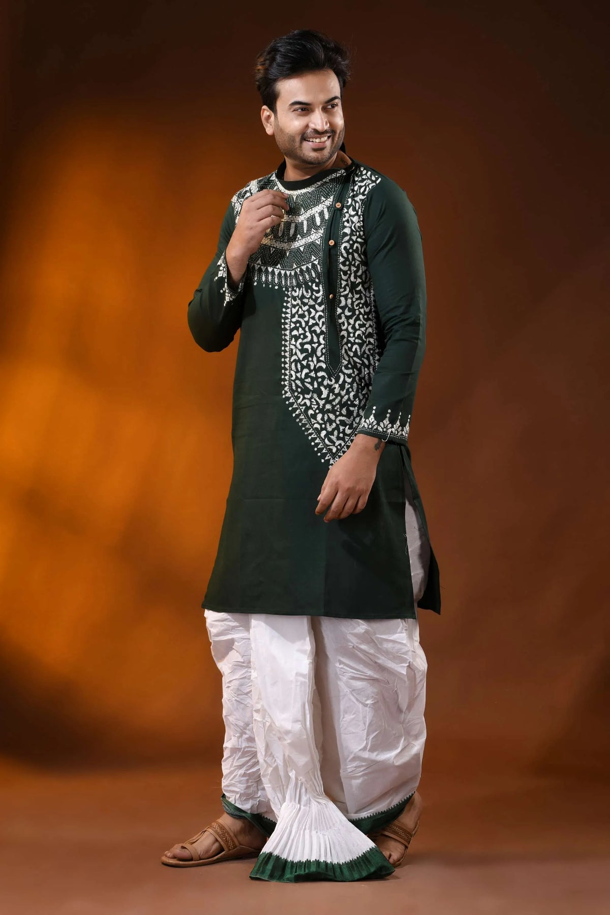Jungle green pure cotton kantha work panjabi for men with geometric design 3