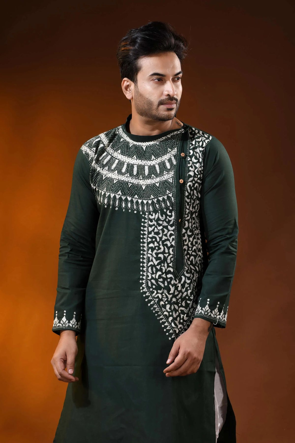 Jungle green pure cotton kantha work panjabi for men with geometric design 2