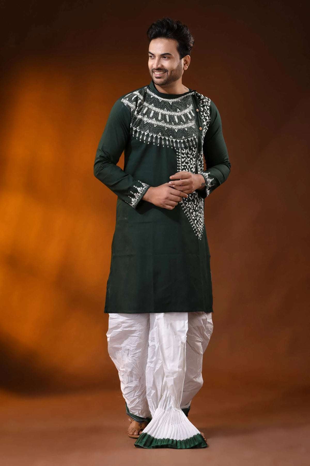 Jungle green pure cotton kantha work panjabi for men with geometric design 6
