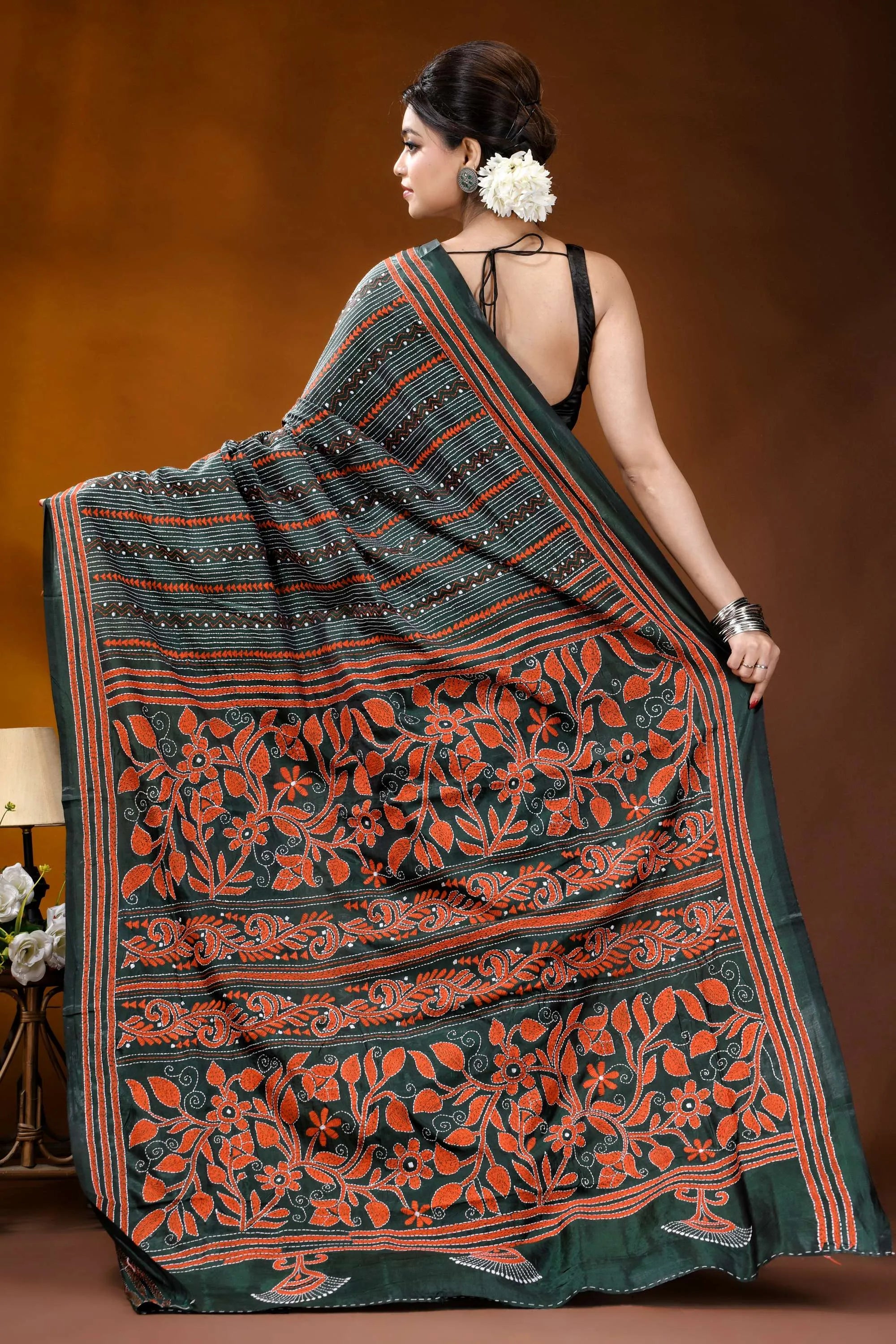 Jungle green silk kantha stitch saree with fiery orange thread floral motif dark green silk saree adorned 5