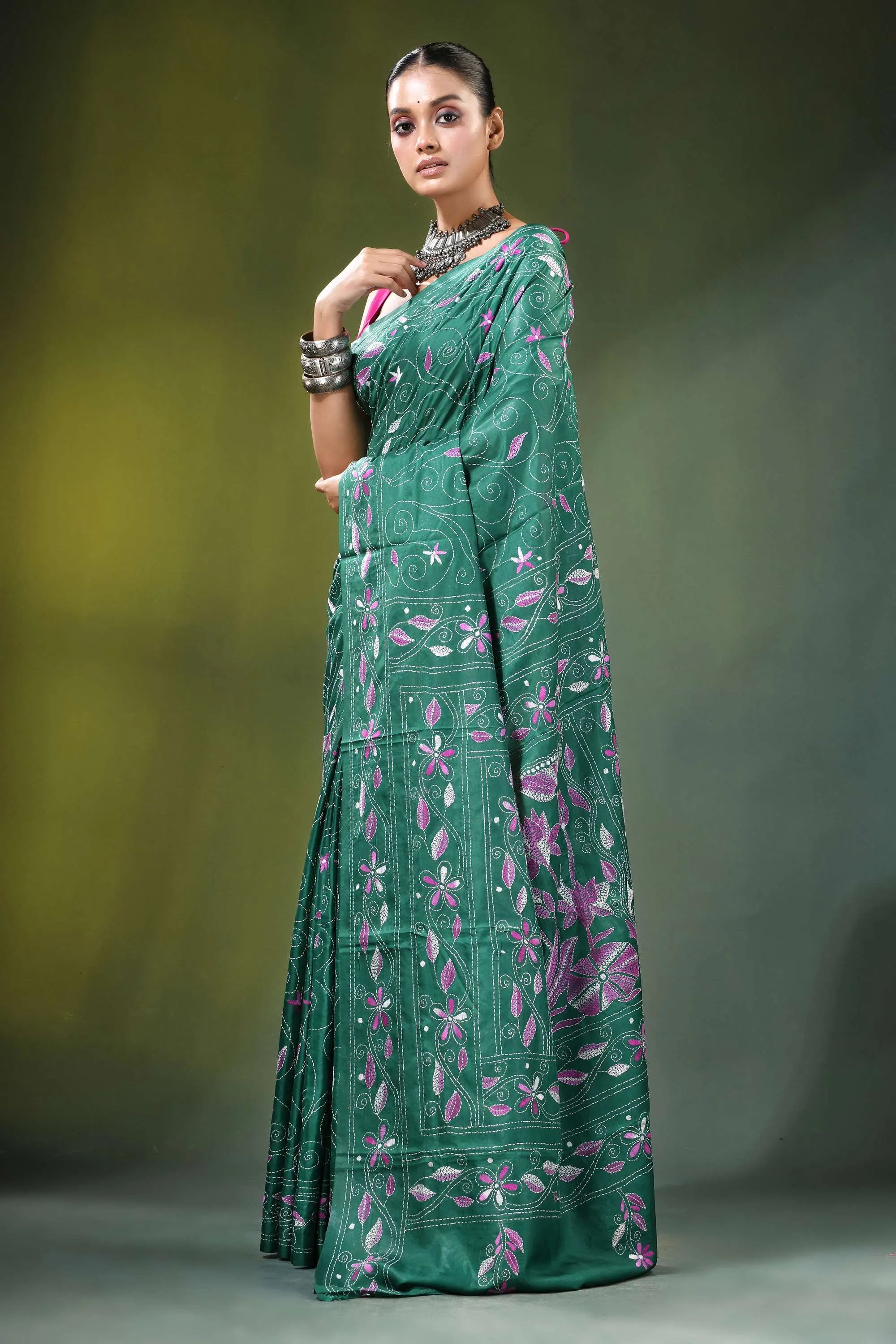 Jungle green swan motif handcrafted silk kantha saree emerald adorned 3