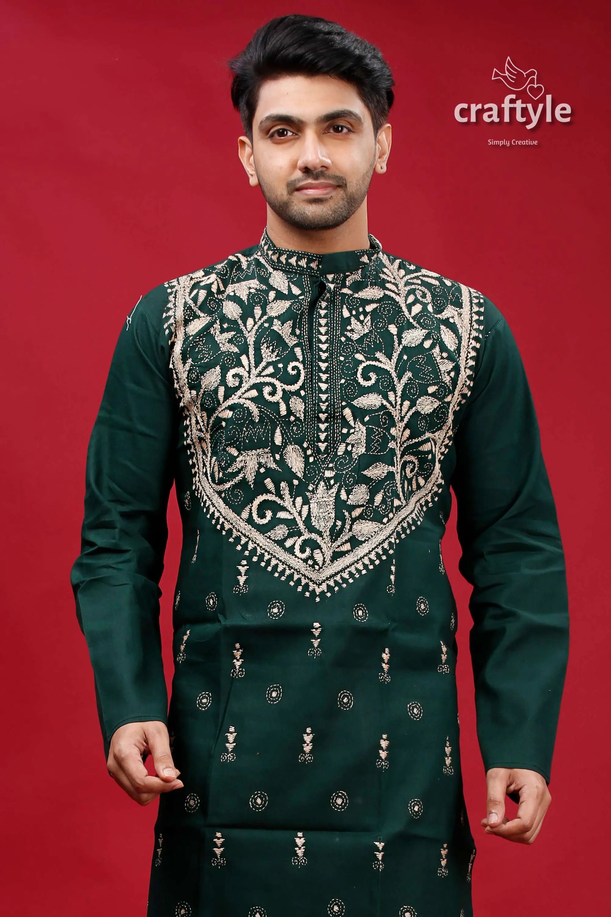 Jungle green tulip design kantha hand embroidery gents kurta dark intricate silver 2