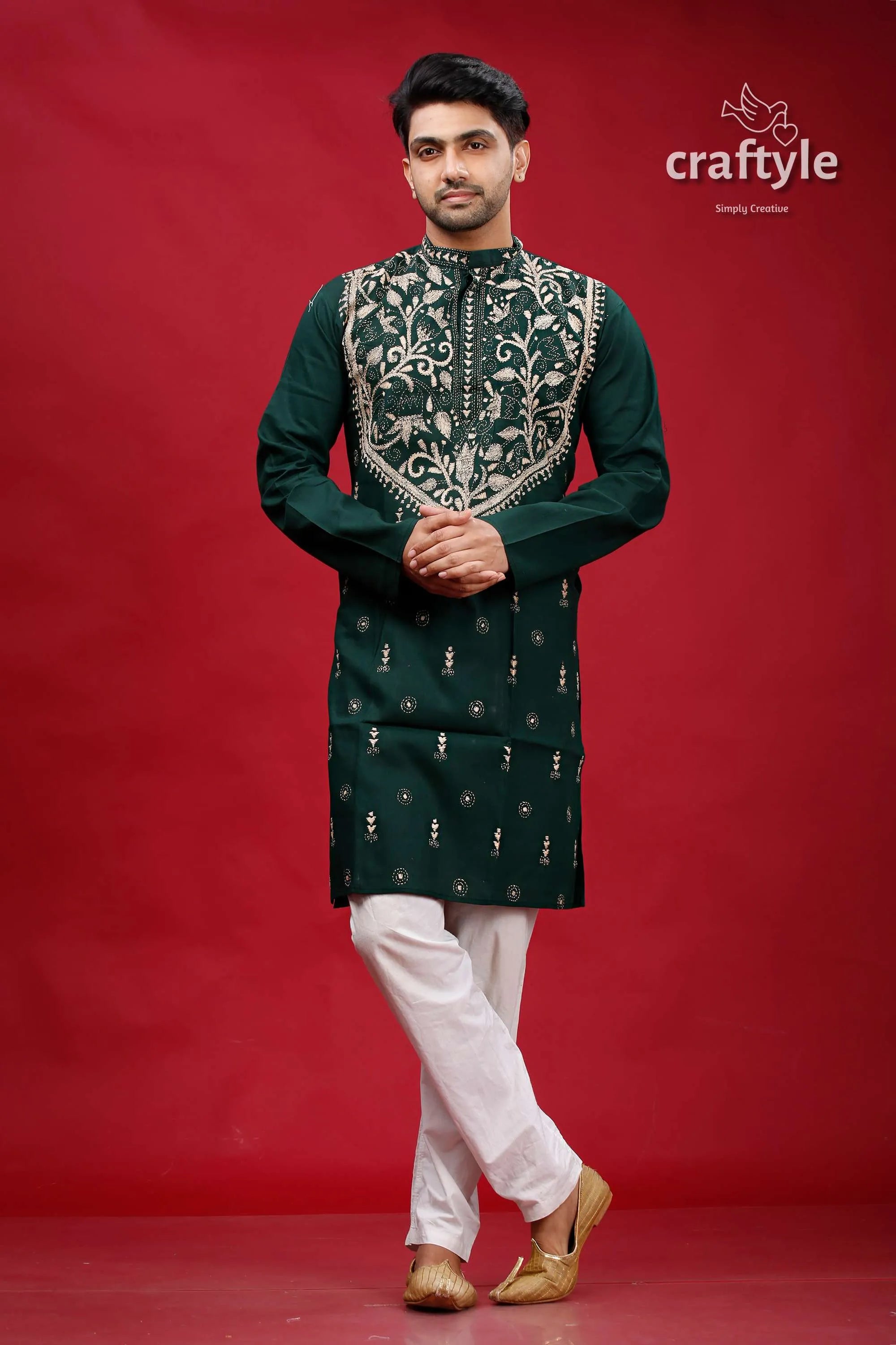 Jungle green tulip design kantha hand embroidery gents kurta dark embroidered intricate 1
