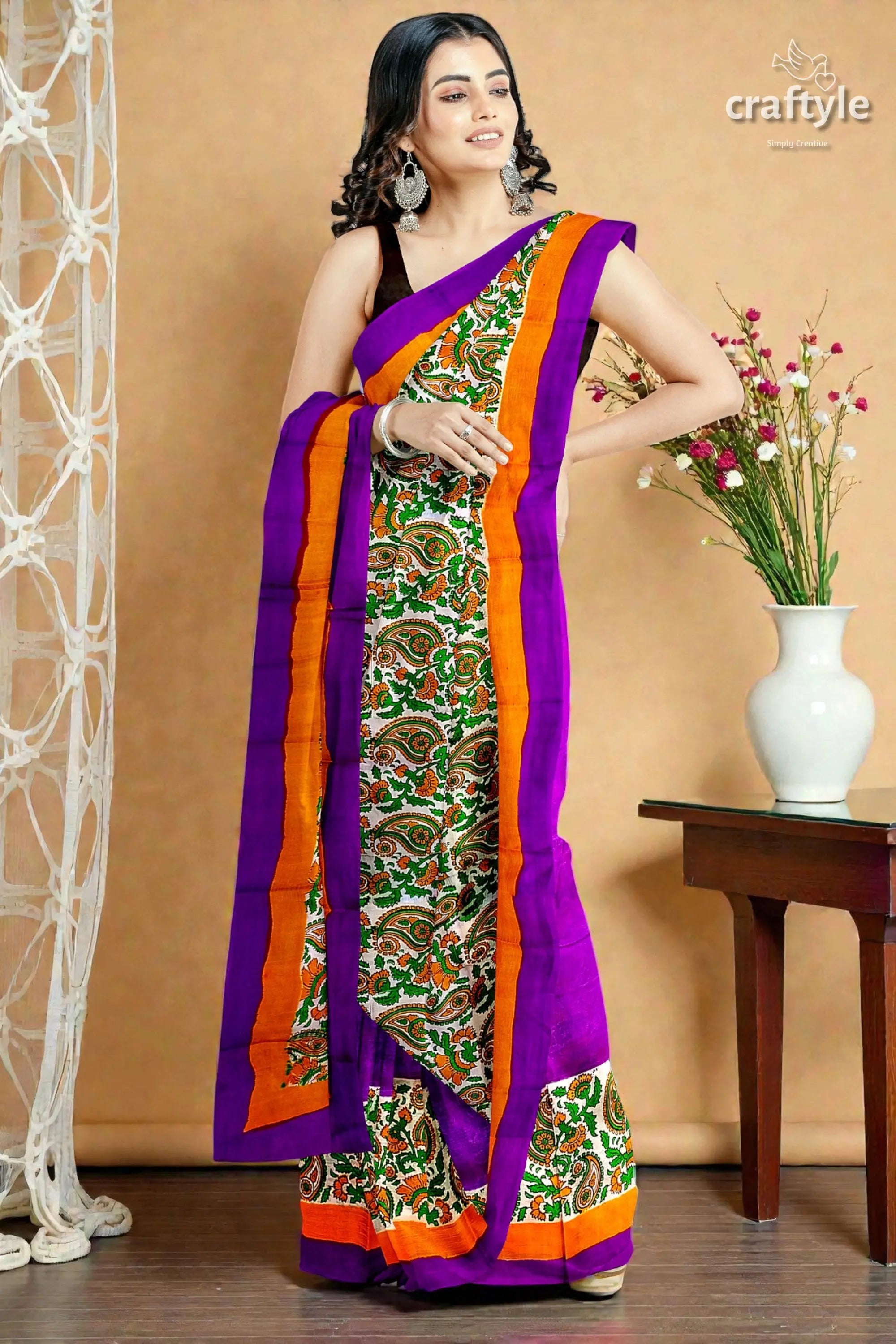 Kalka design lavender hand block print pure mulberry silk saree 4