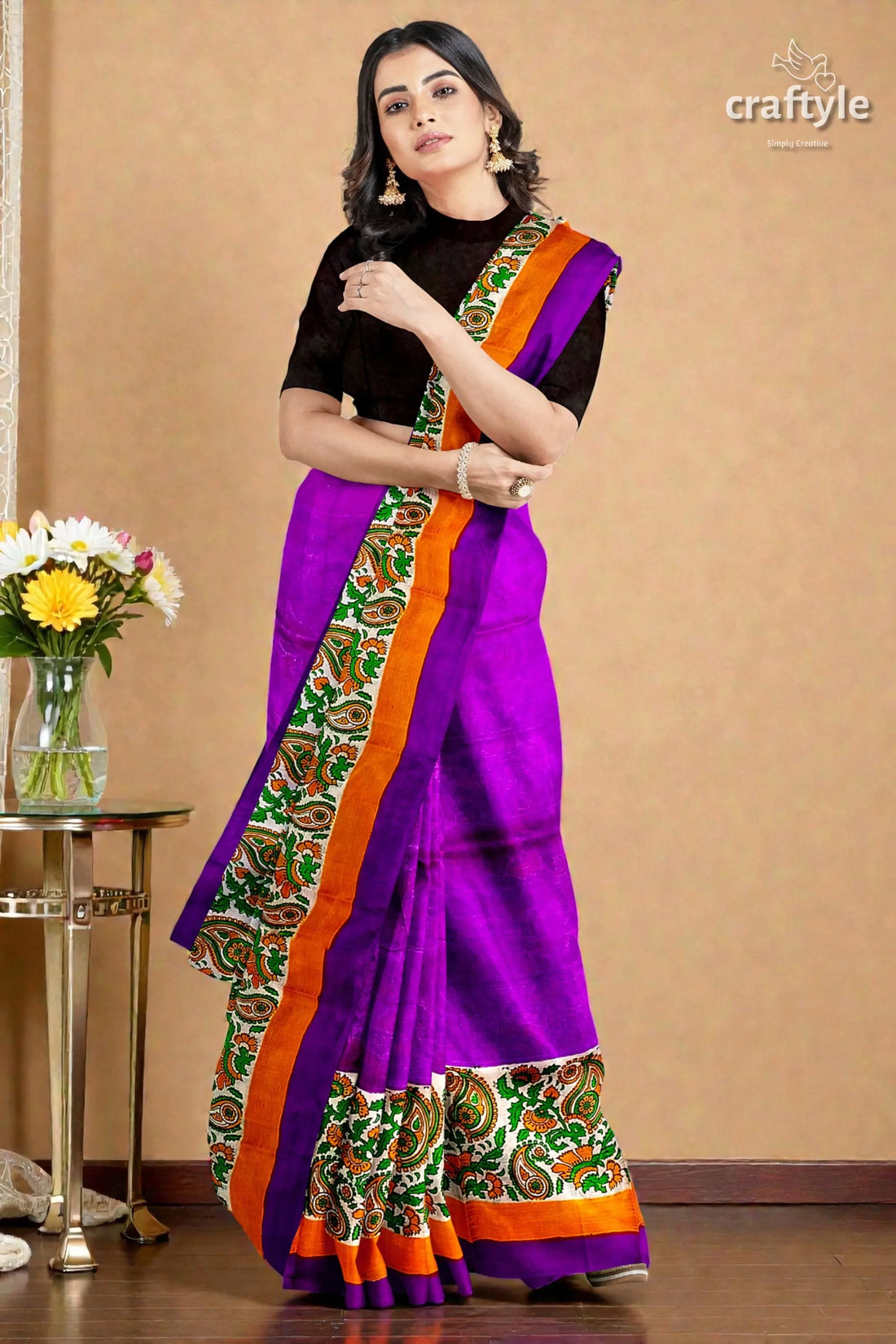 Kalka design lavender hand block print pure mulberry silk saree 2