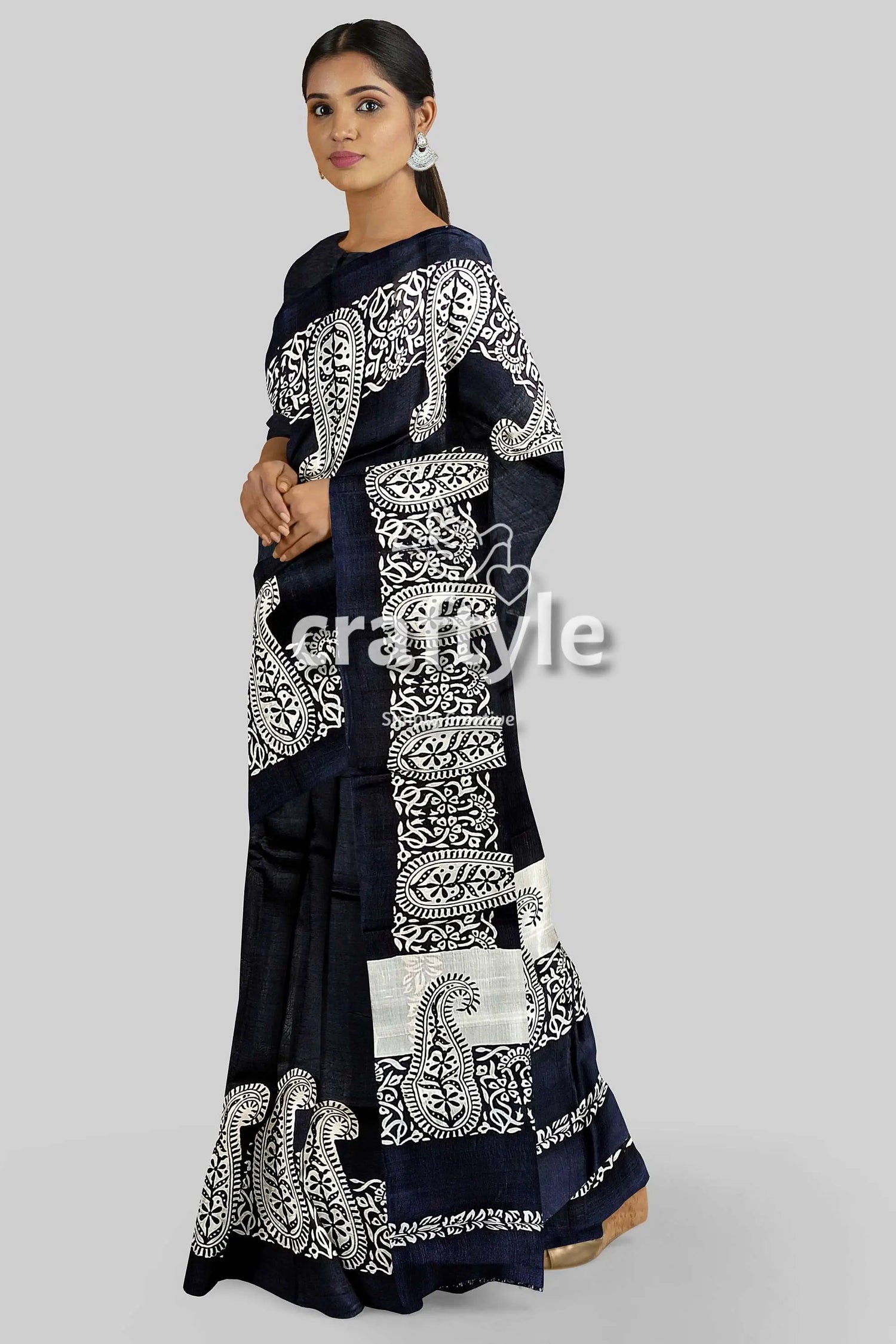 Kalka motif mulberry pure silk saree ink black and white hand block print woman patterned saree 2