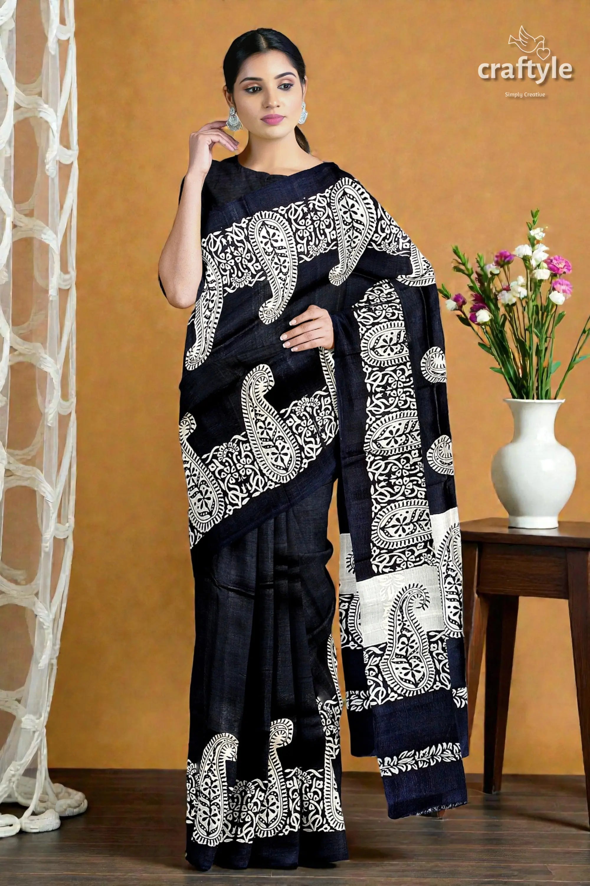 Kalka motif mulberry pure silk saree ink black and white hand block print 1