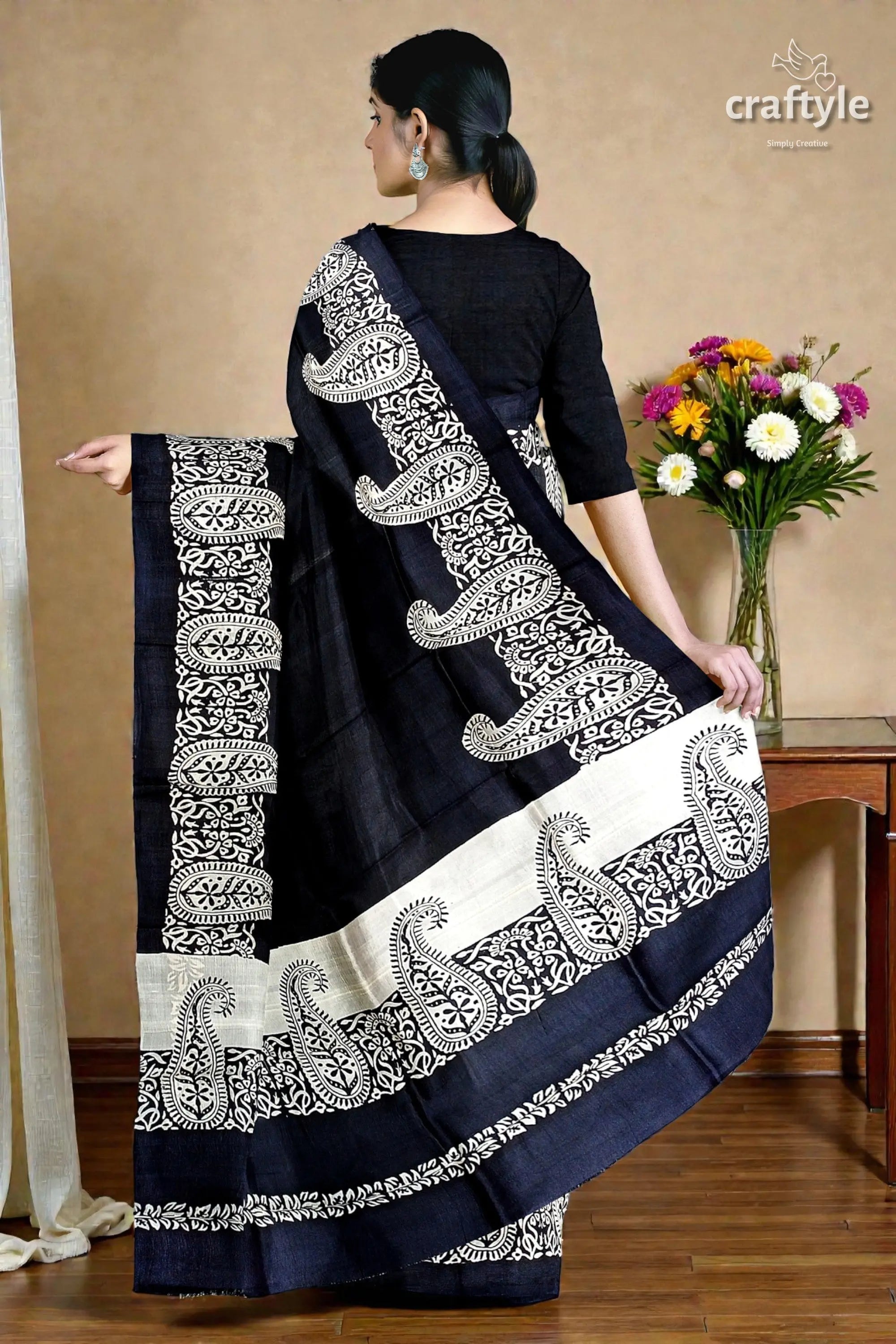 Kalka motif mulberry pure silk saree ink black and white hand block print 5