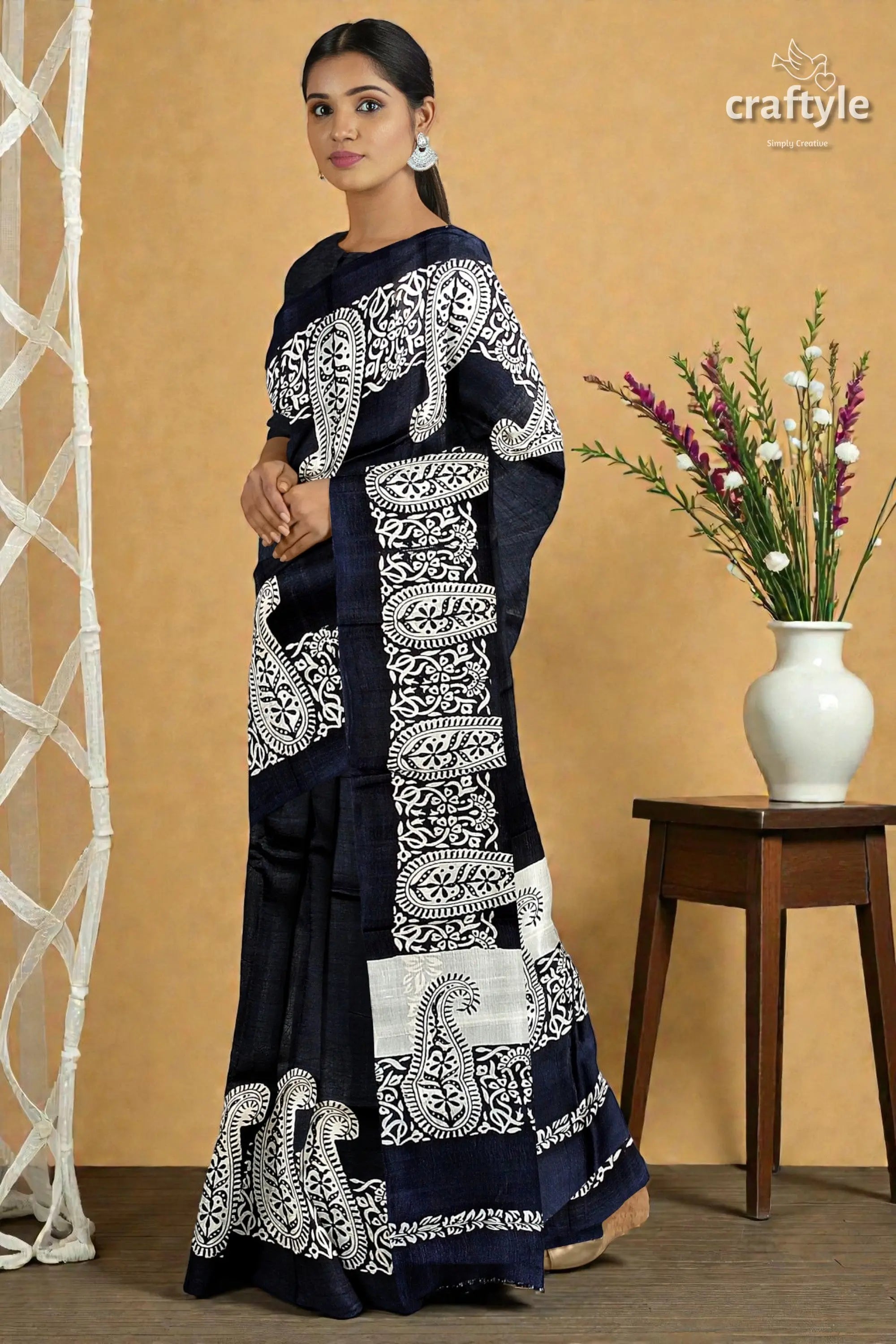 Kalka motif mulberry pure silk saree ink black and white hand block print 3
