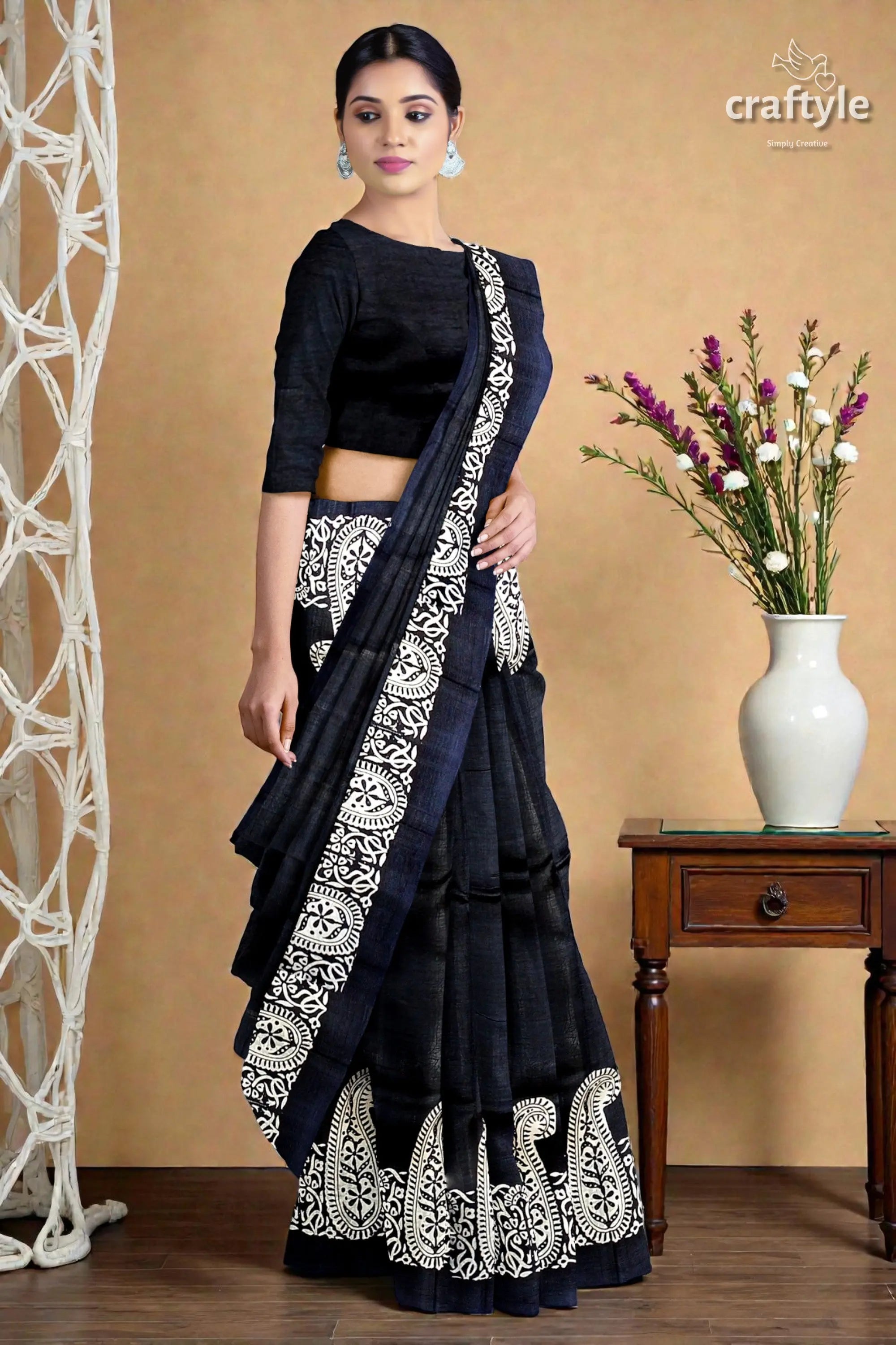 Kalka motif mulberry pure silk saree ink black and white hand block print 4