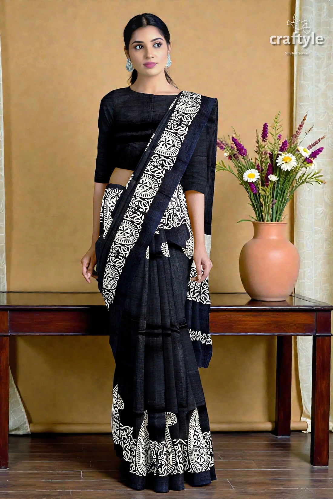 Kalka motif mulberry pure silk saree ink black and white hand block print 2