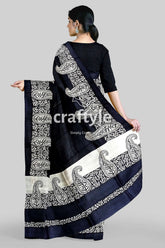 Kalka motif mulberry pure silk saree ink black and white hand block print black white paisley saree 5