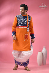 Kantha embroidery hand painted cotton punjabi for men men’s orange kurta blue white 5