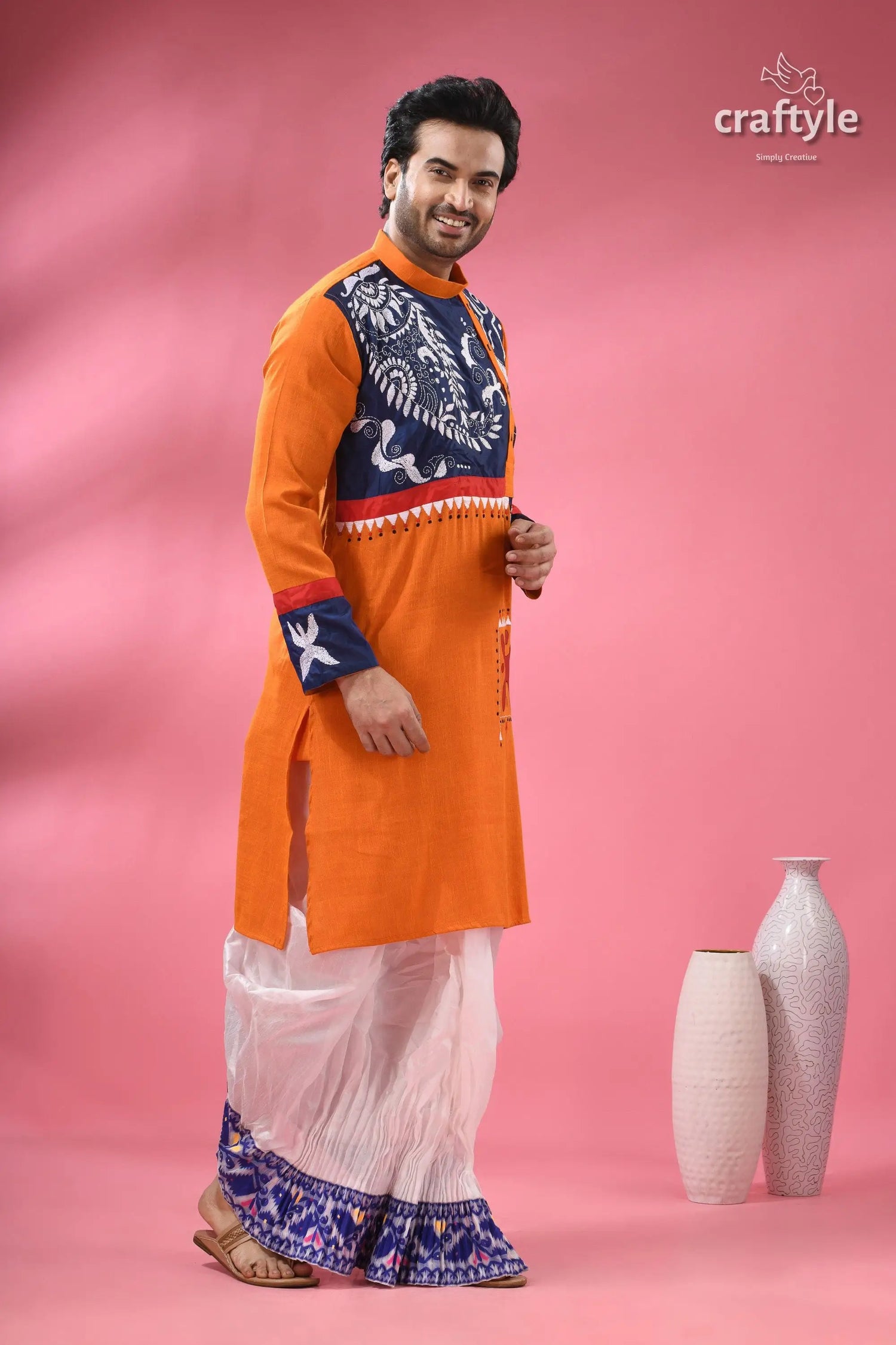 Kantha embroidery hand painted cotton punjabi for men man’s orange kurta blue white 4