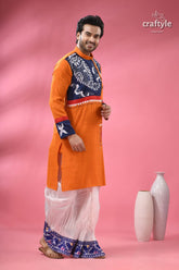 Kantha embroidery hand painted cotton punjabi for men man’s orange kurta blue white 4