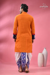 Kantha embroidery hand painted cotton punjabi for men men’s orange kurta blue white 7