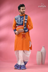 Kantha embroidery hand painted cotton punjabi for men men’s orange kurta navy blue 3